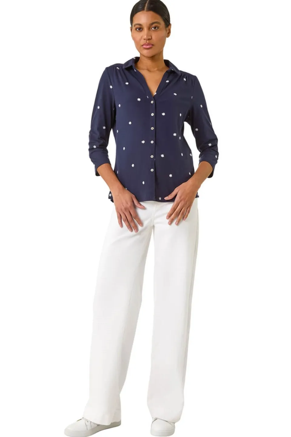 Tops>Roman Navy Embroidered V-Neck Cotton Shirt