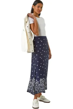 Skirts>Roman Navy Floral Border Print Stretch Skirt