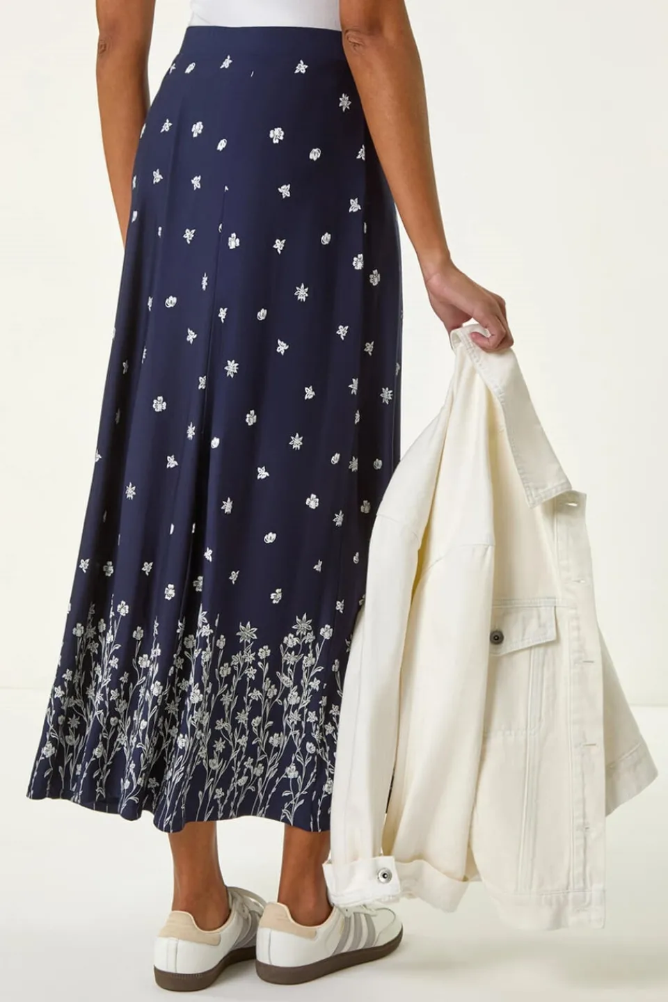 Skirts>Roman Navy Floral Border Print Stretch Skirt