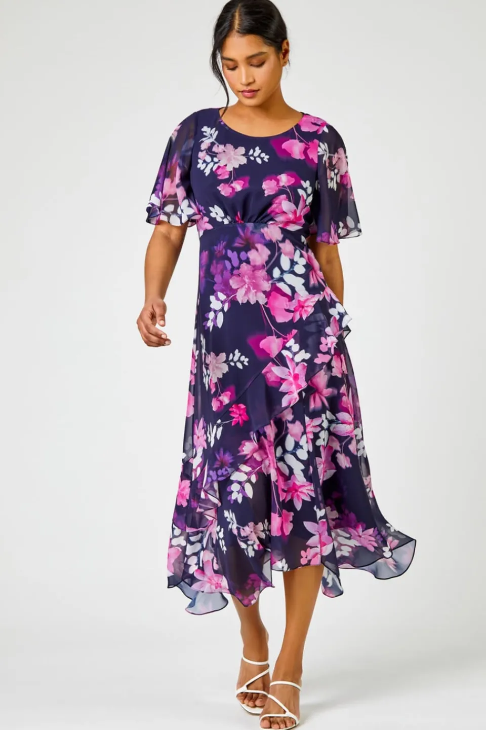 Dresses>Roman Navy Floral Chiffon Frill Asymmetric Midi Dress
