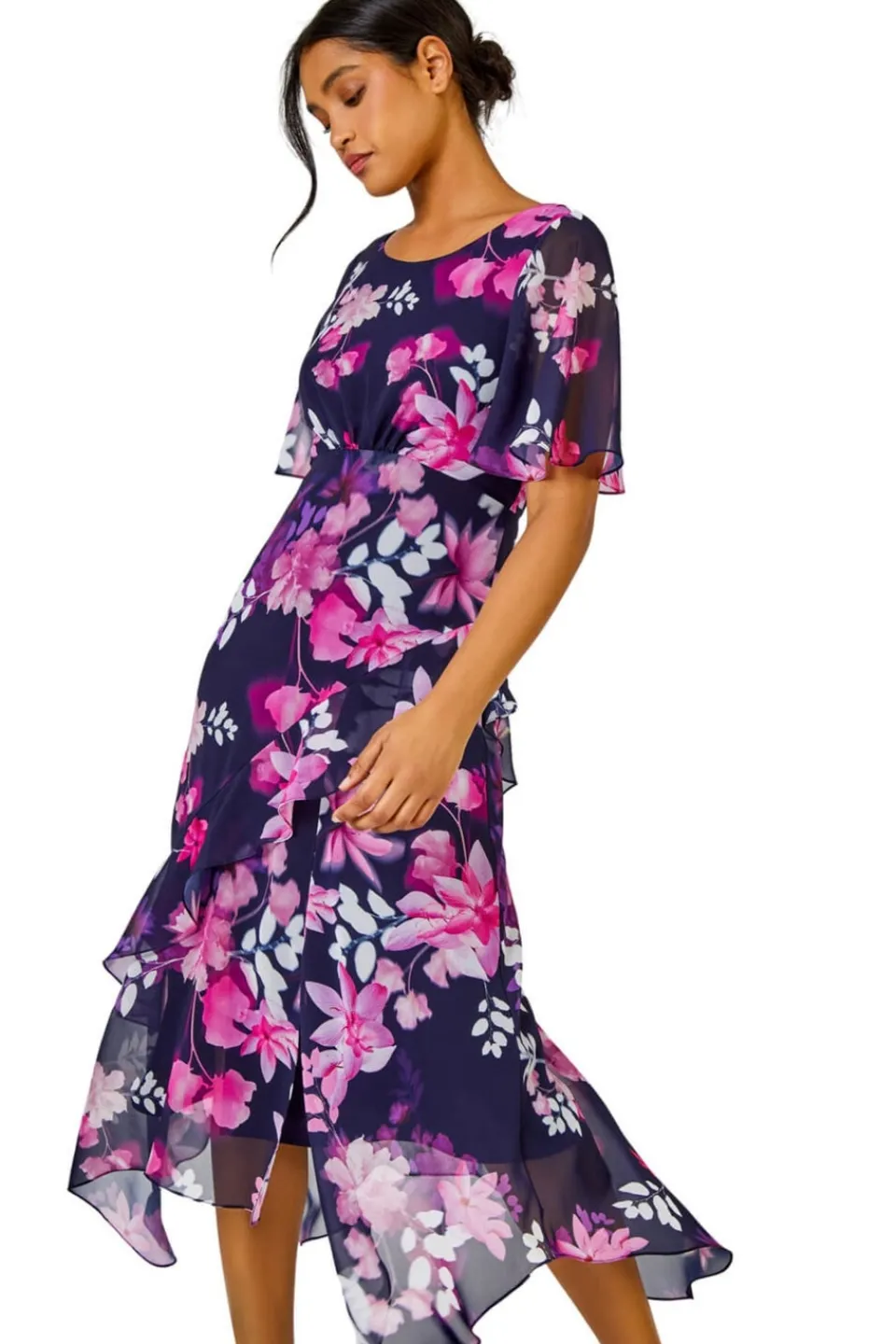 Dresses>Roman Navy Floral Chiffon Frill Asymmetric Midi Dress