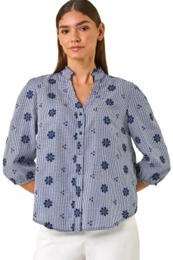 Tops>Roman Navy Floral Embroidered V Neck Blouse