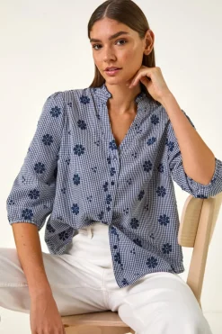 Tops>Roman Navy Floral Embroidered V Neck Blouse