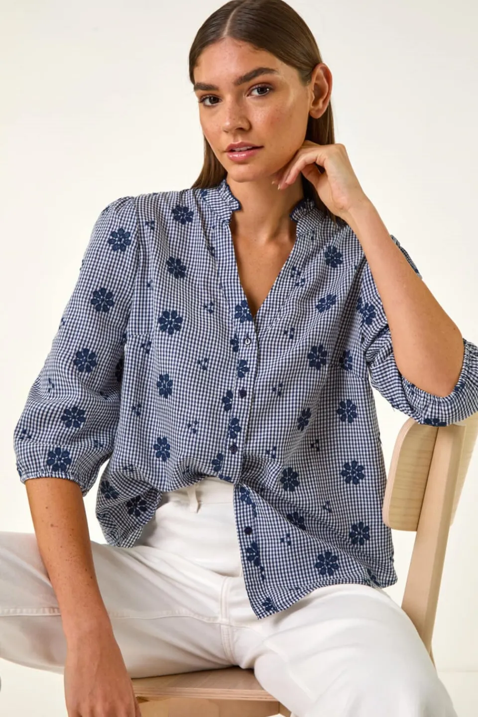 Tops>Roman Navy Floral Embroidered V Neck Blouse