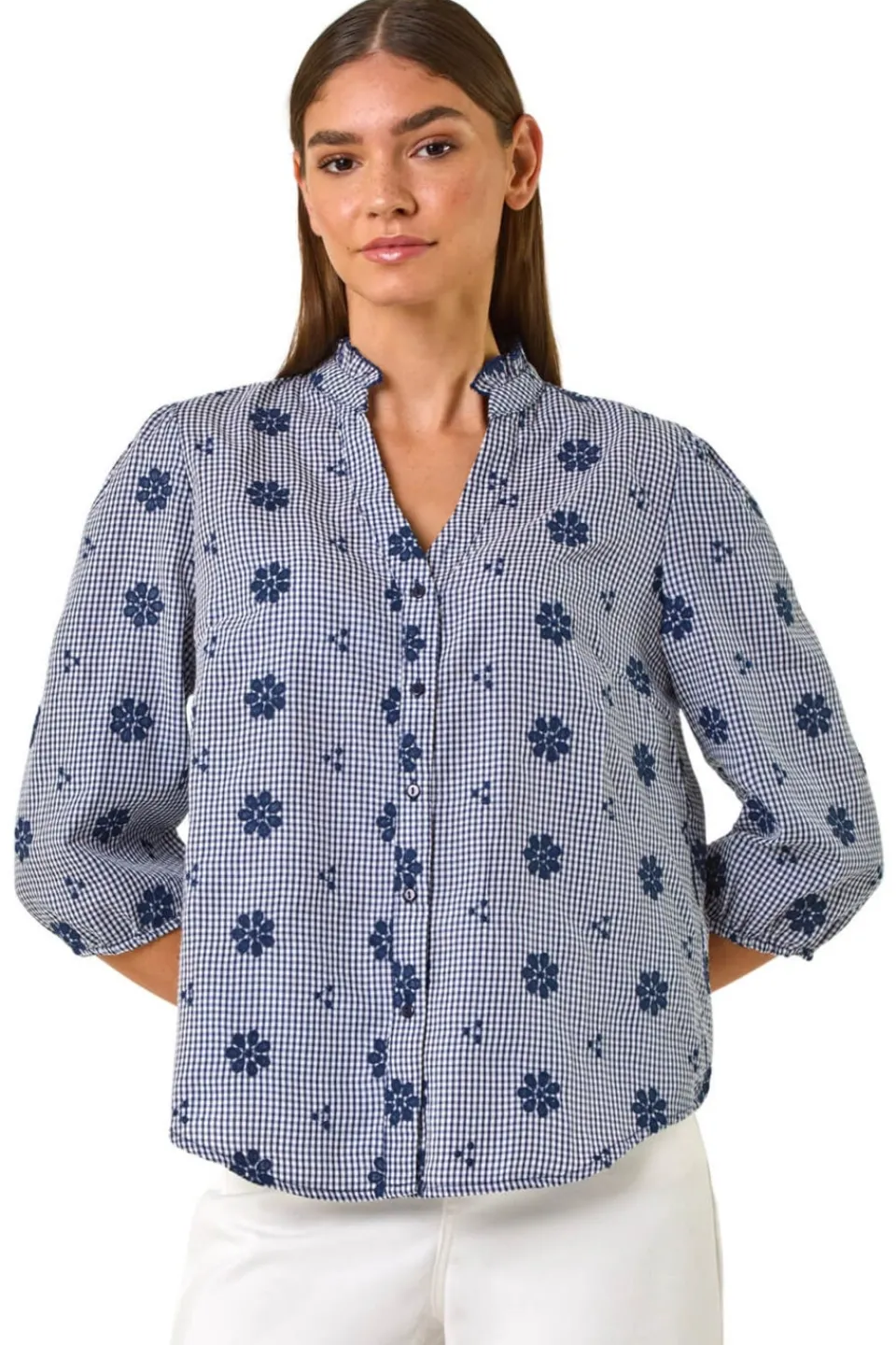 Tops>Roman Navy Floral Embroidered V Neck Blouse