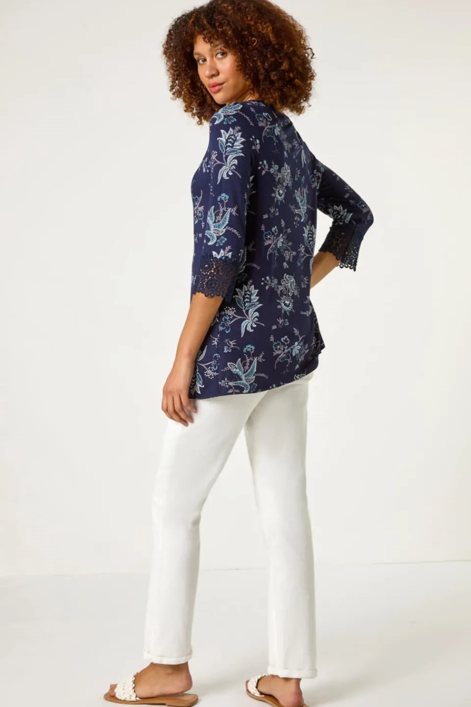 Tops>Roman Navy Floral Lace Cuff Stretch Top