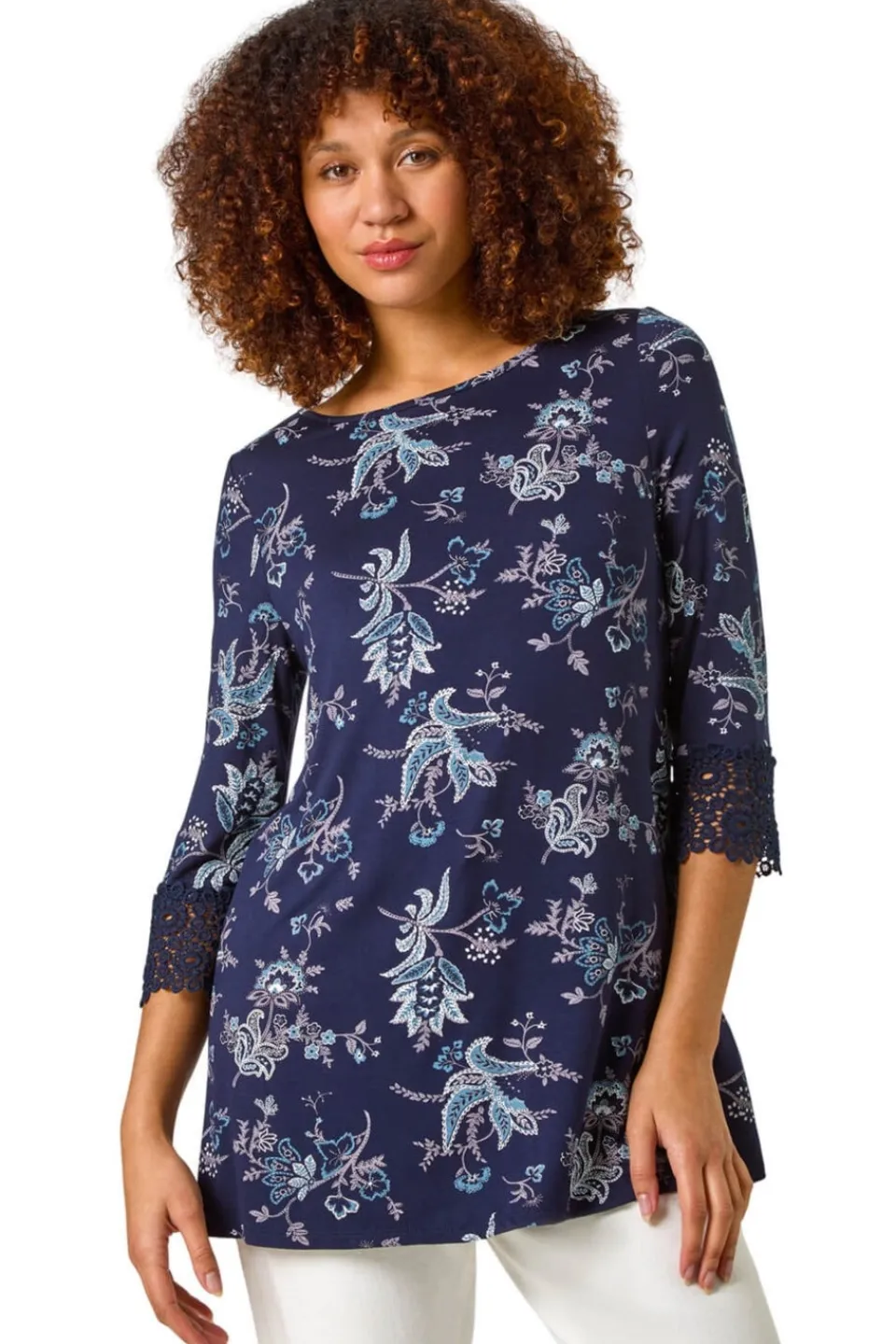 Tops>Roman Navy Floral Lace Cuff Stretch Top