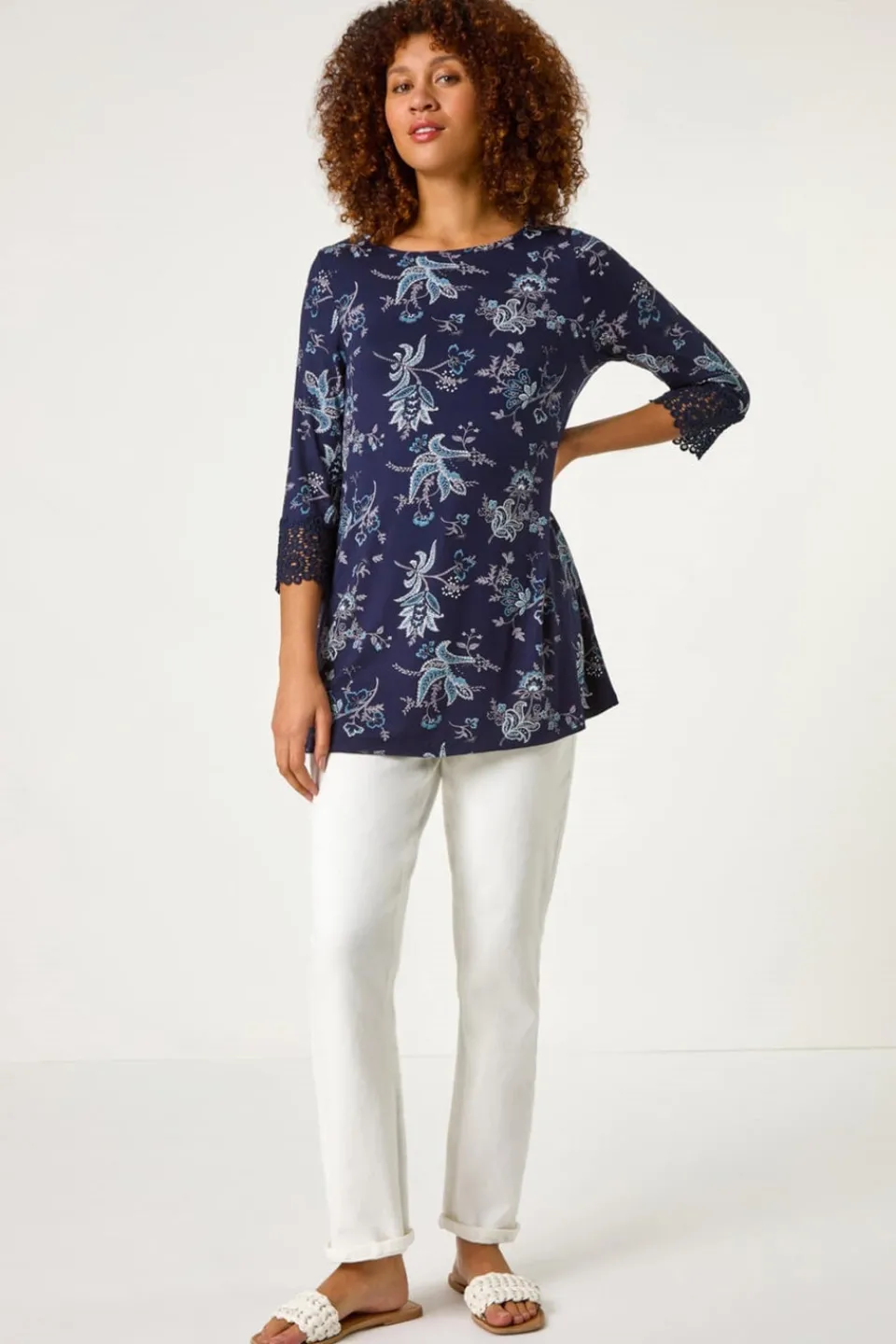 Tops>Roman Navy Floral Lace Cuff Stretch Top