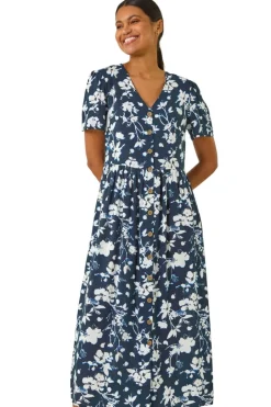 Dresses>Roman Navy Floral Print Button Through Midi Dress