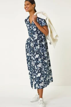 Dresses>Roman Navy Floral Print Button Through Midi Dress