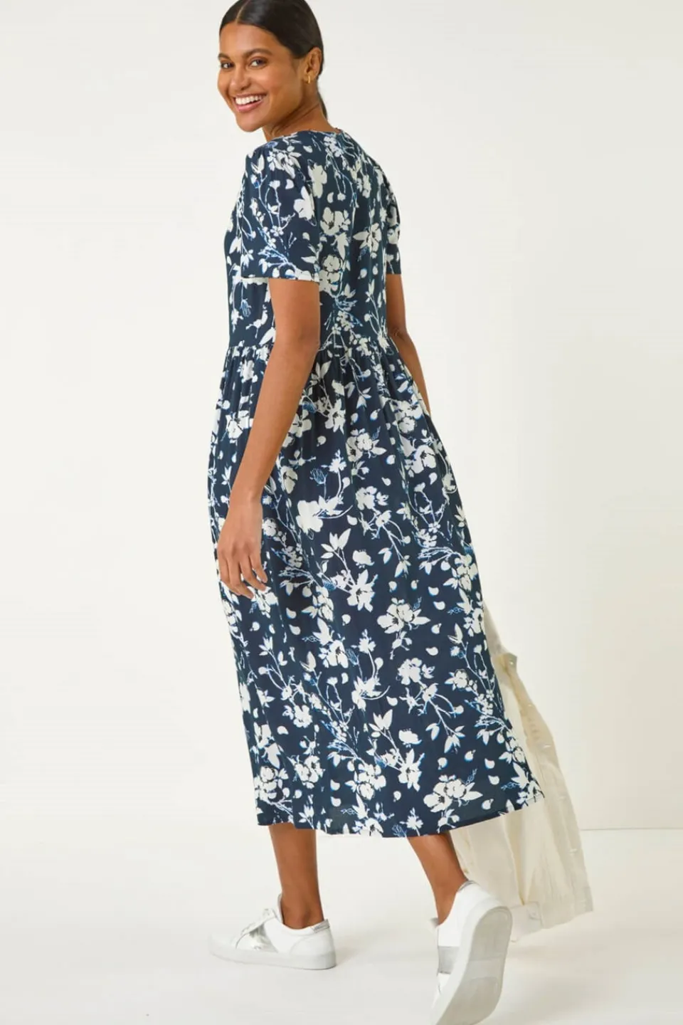 Dresses>Roman Navy Floral Print Button Through Midi Dress
