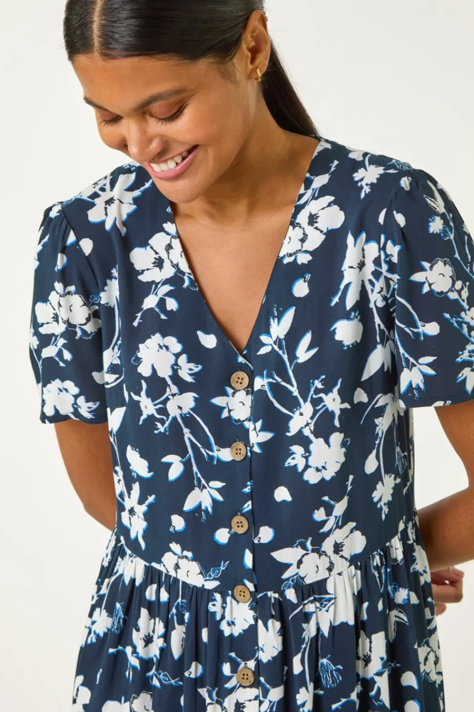 Dresses>Roman Navy Floral Print Button Through Midi Dress
