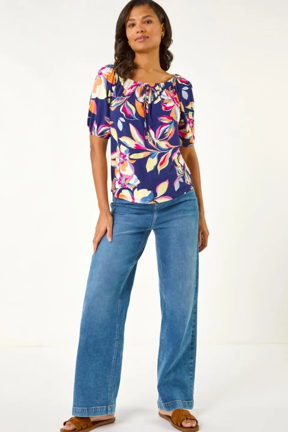 Tops>Roman Navy Floral Print Bardot Stretch Top