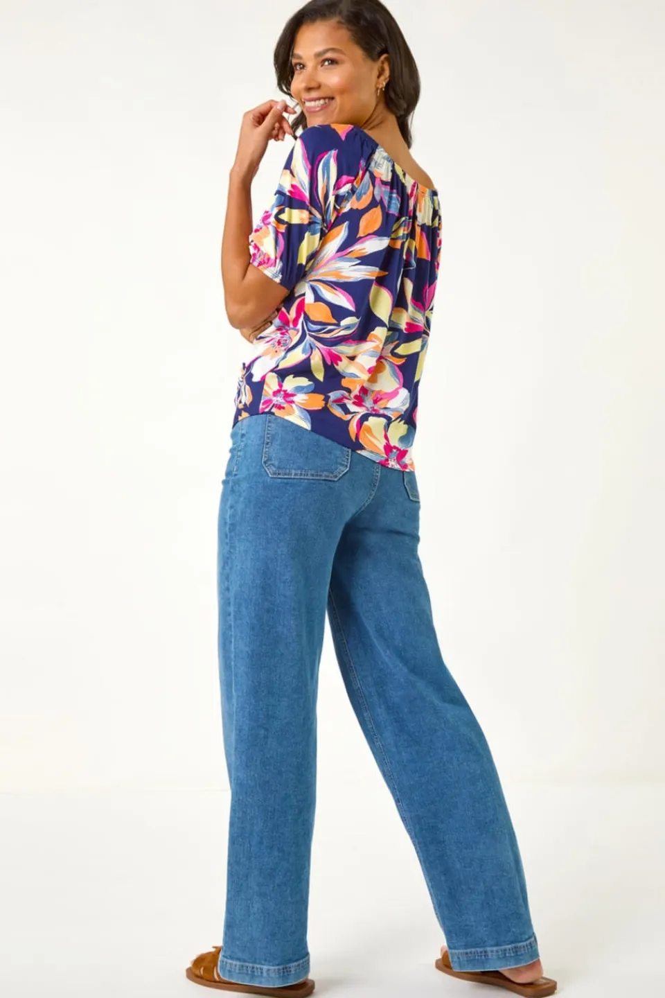 Tops>Roman Navy Floral Print Bardot Stretch Top