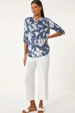 Blouses & Shirts>Roman Navy Floral Print Burnout V-Neck Shirt