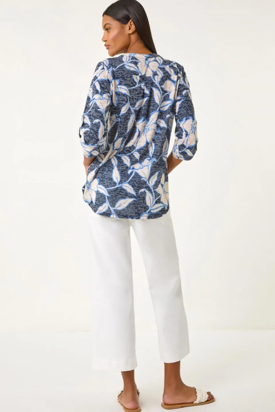 Blouses & Shirts>Roman Navy Floral Print Burnout V-Neck Shirt