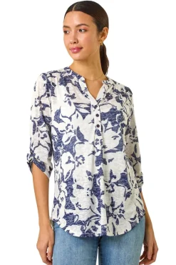 Tops>Roman Navy Floral Print Burnout V-Neck Shirt