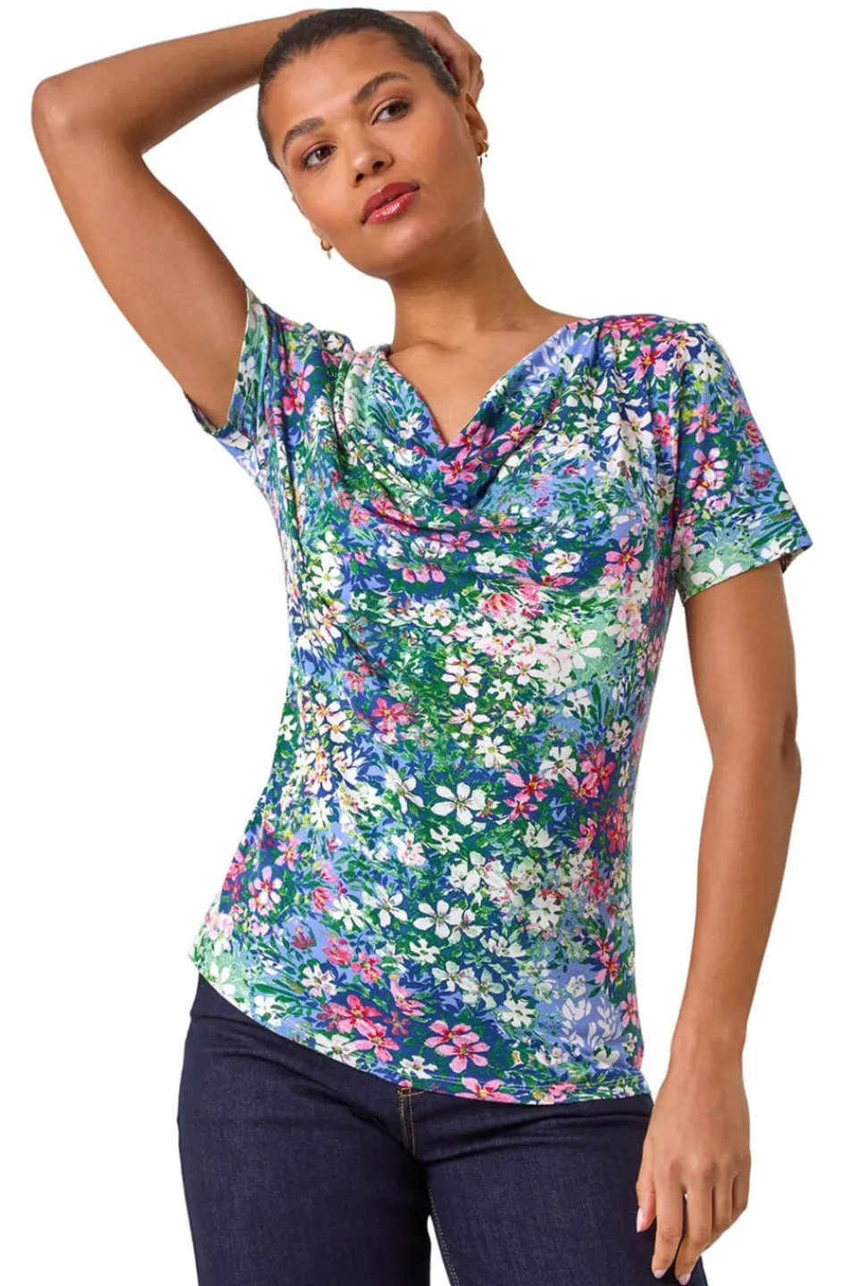 T-Shirts>Roman Navy Floral Print Cowl Neck Stretch Top