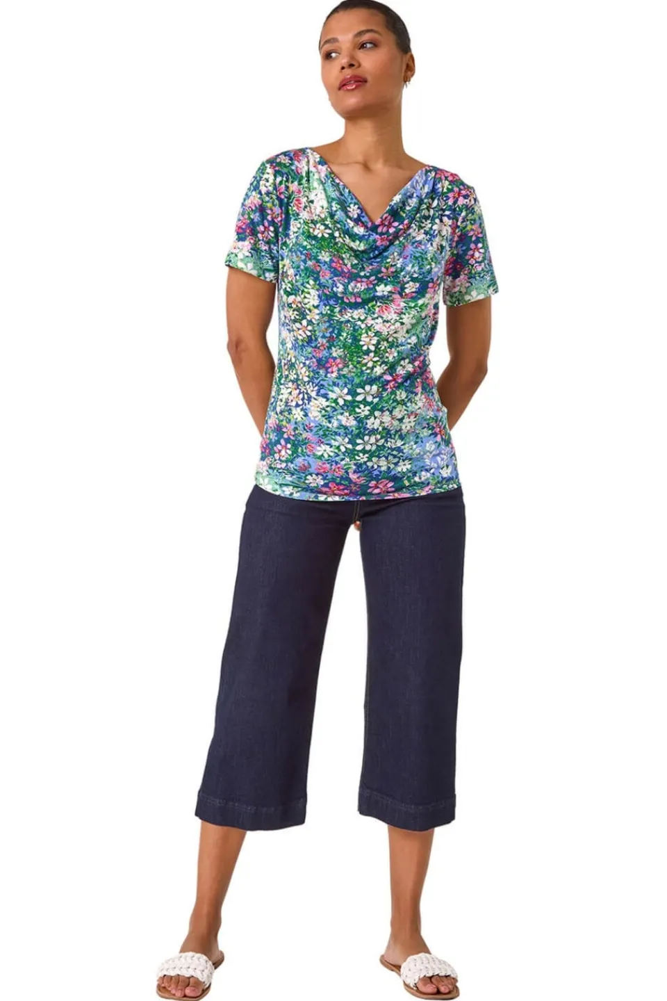 T-Shirts>Roman Navy Floral Print Cowl Neck Stretch Top