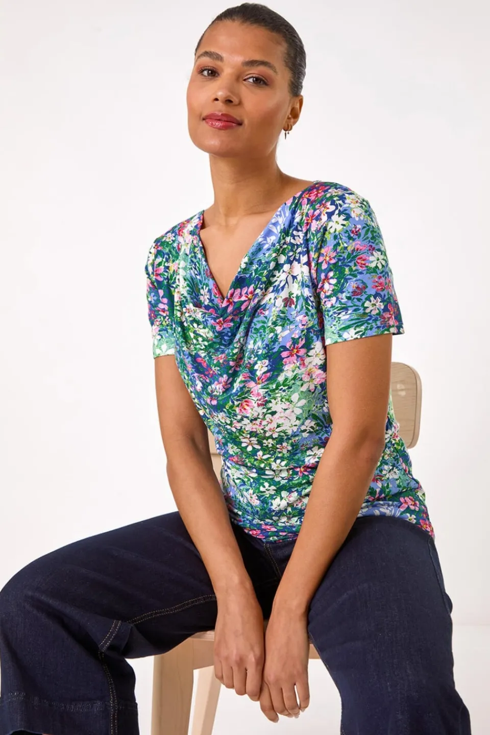 T-Shirts>Roman Navy Floral Print Cowl Neck Stretch Top
