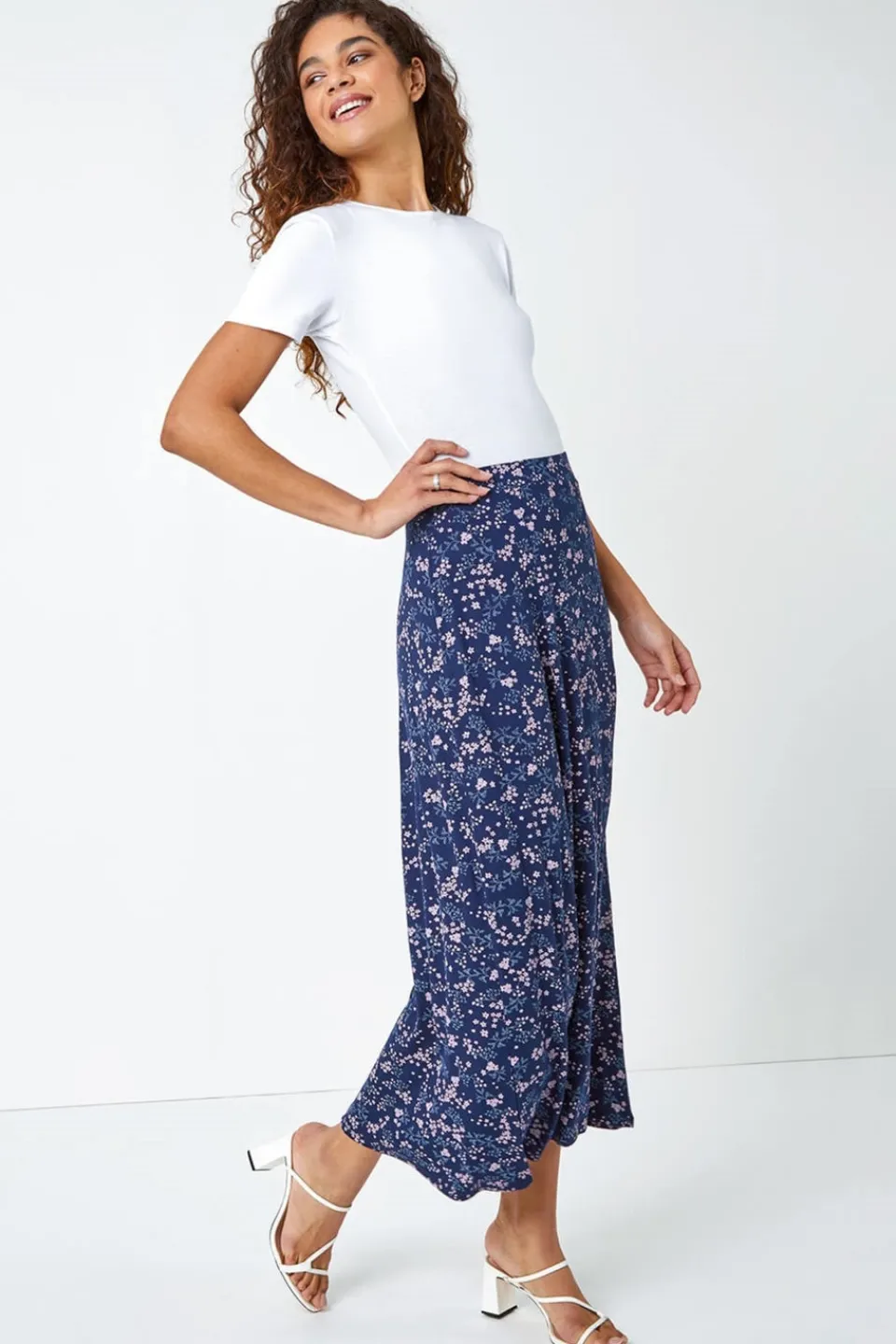 Skirts>Roman Navy Floral Print Elastic Waist Midi Stretch Skirt