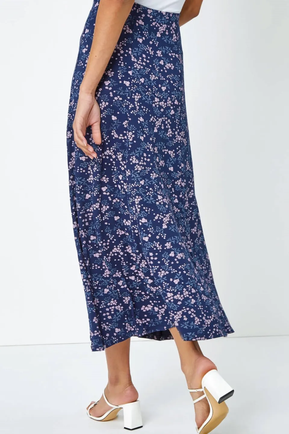 Skirts>Roman Navy Floral Print Elastic Waist Midi Stretch Skirt