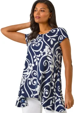 Tops>Roman Navy Floral Print Hanky Hem Tunic Top