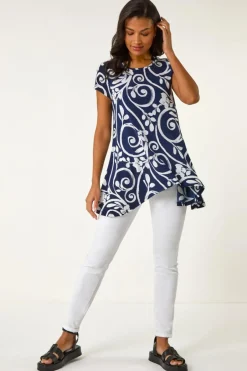 Tops>Roman Navy Floral Print Hanky Hem Tunic Top
