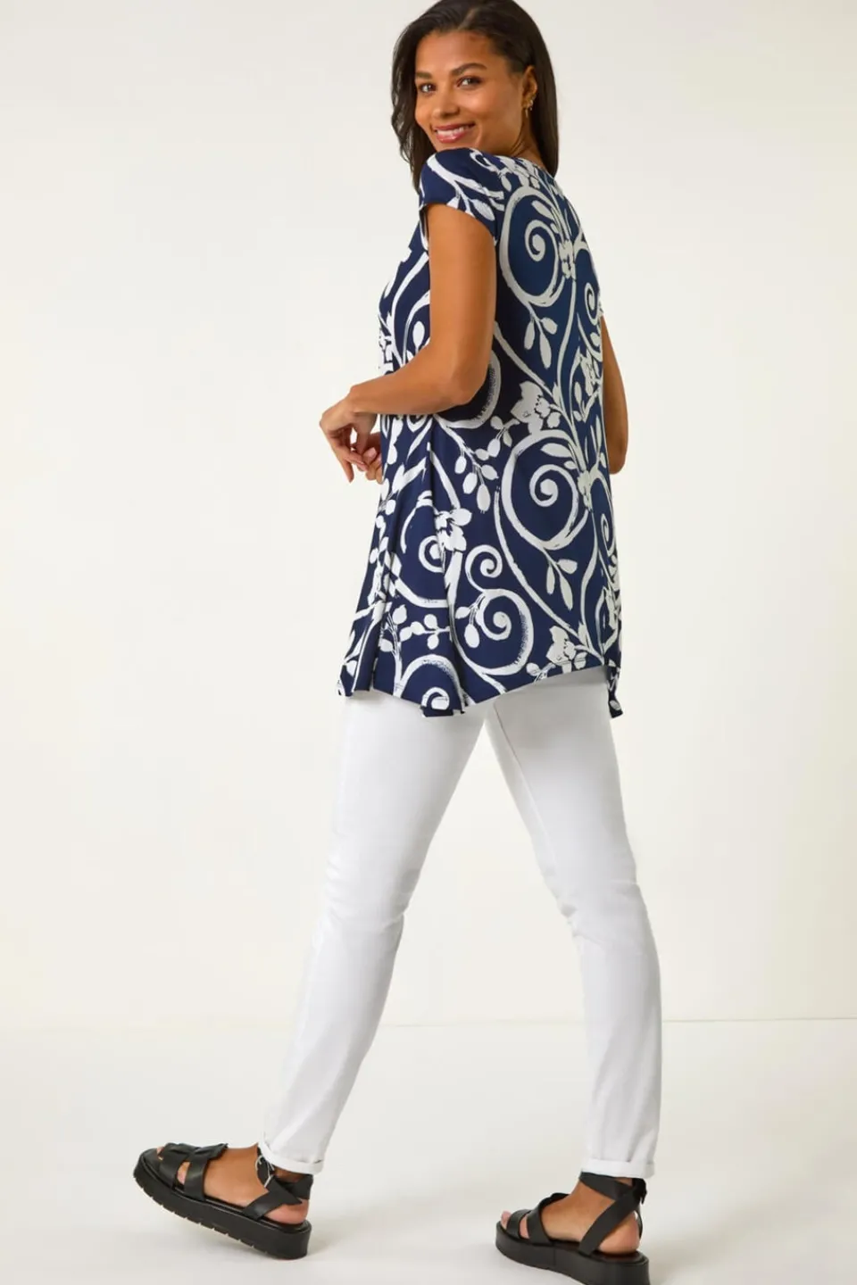 Tops>Roman Navy Floral Print Hanky Hem Tunic Top