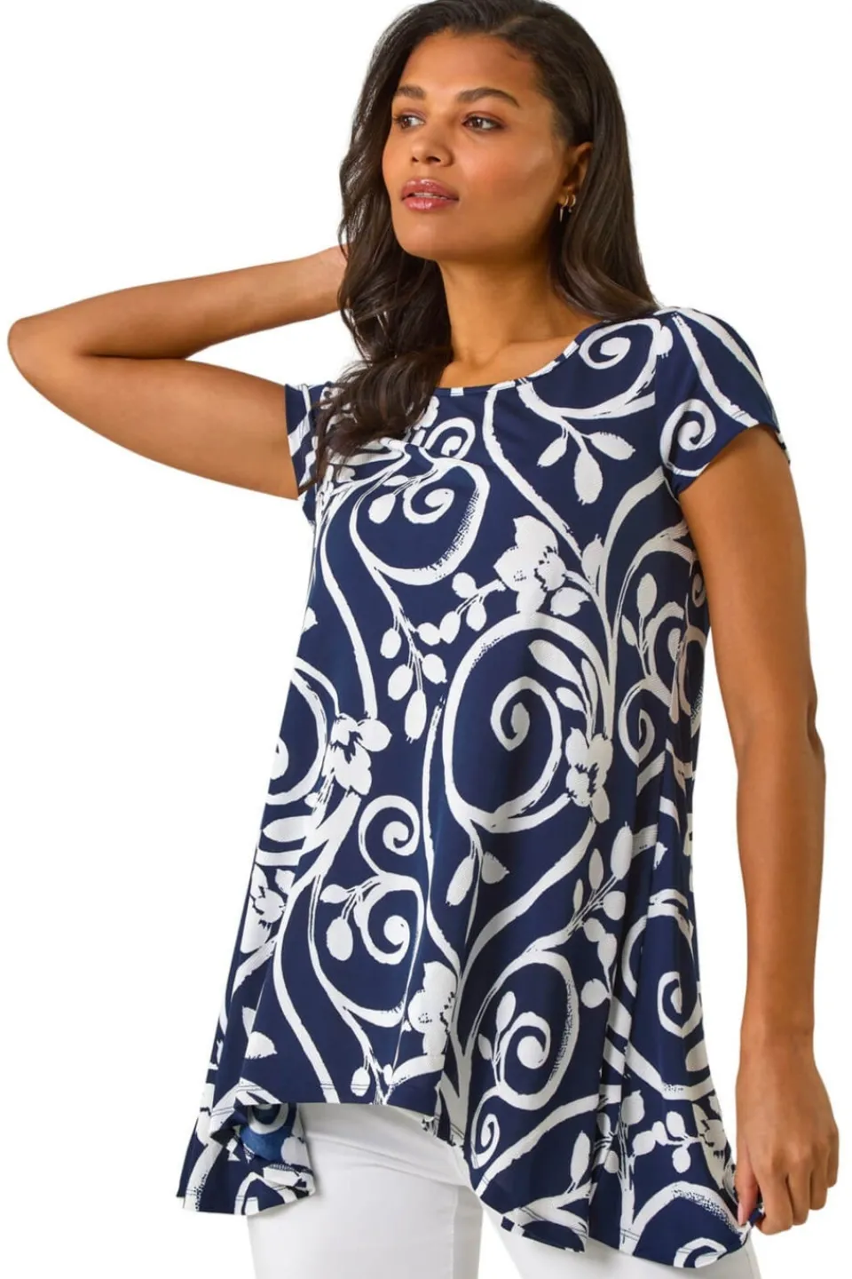 Tops>Roman Navy Floral Print Hanky Hem Tunic Top