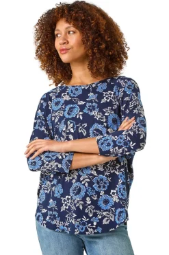 T-Shirts>Roman Navy Floral Print Jersey Top