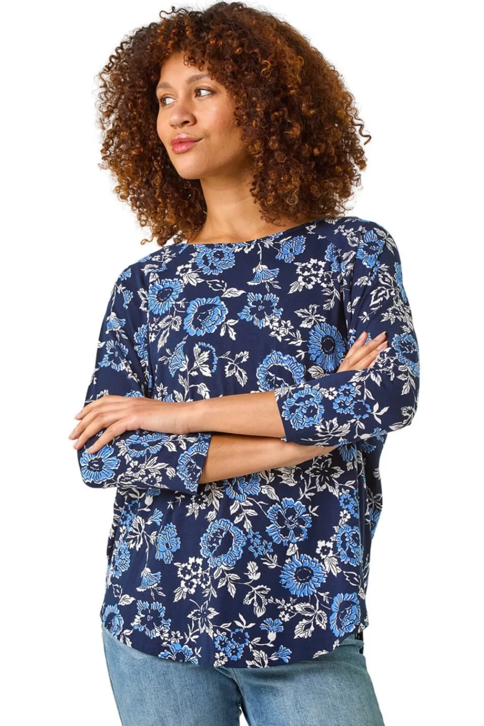T-Shirts>Roman Navy Floral Print Jersey Top