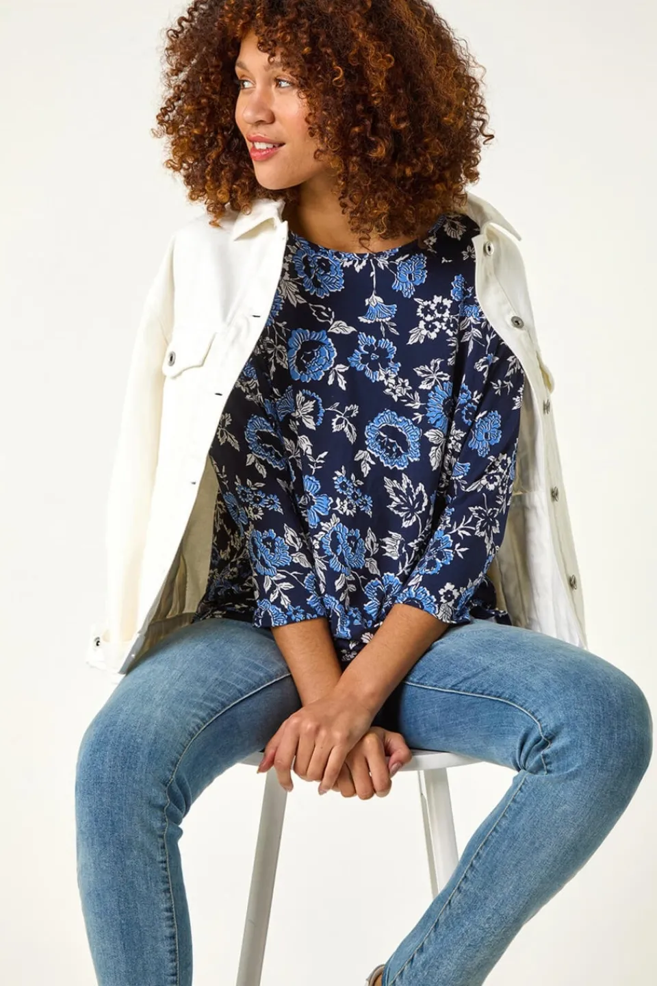 T-Shirts>Roman Navy Floral Print Jersey Top