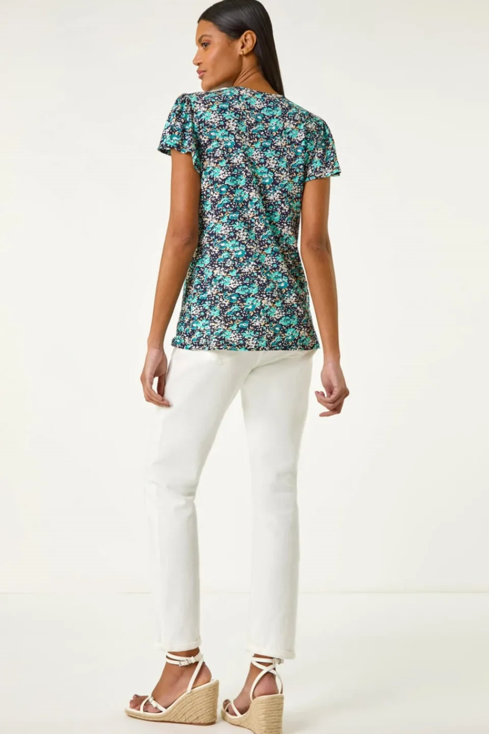T-Shirts>Roman Navy Floral Print Ladder Trim Stretch Top