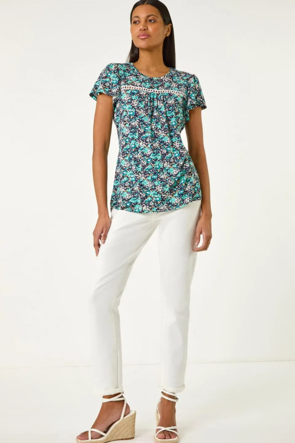 T-Shirts>Roman Navy Floral Print Ladder Trim Stretch Top