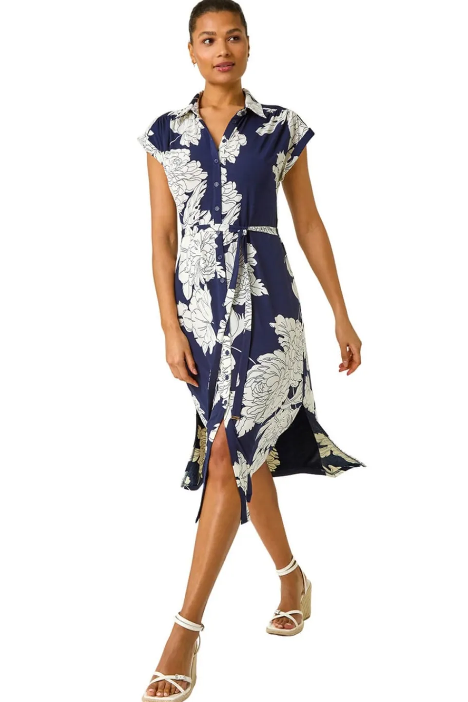 Dresses>Roman Navy Floral Print Stretch Shirt Dress