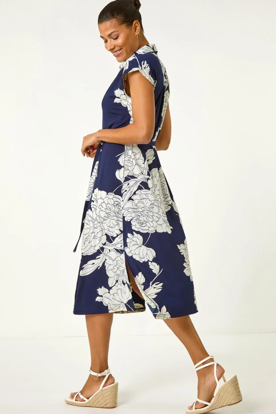 Dresses>Roman Navy Floral Print Stretch Shirt Dress