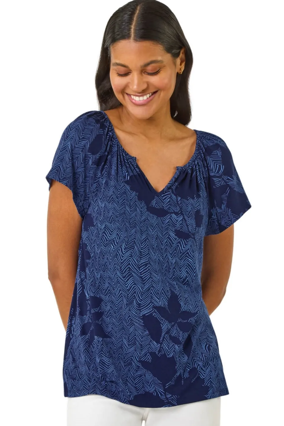 T-Shirts>Roman Navy Floral Print V Neck Top