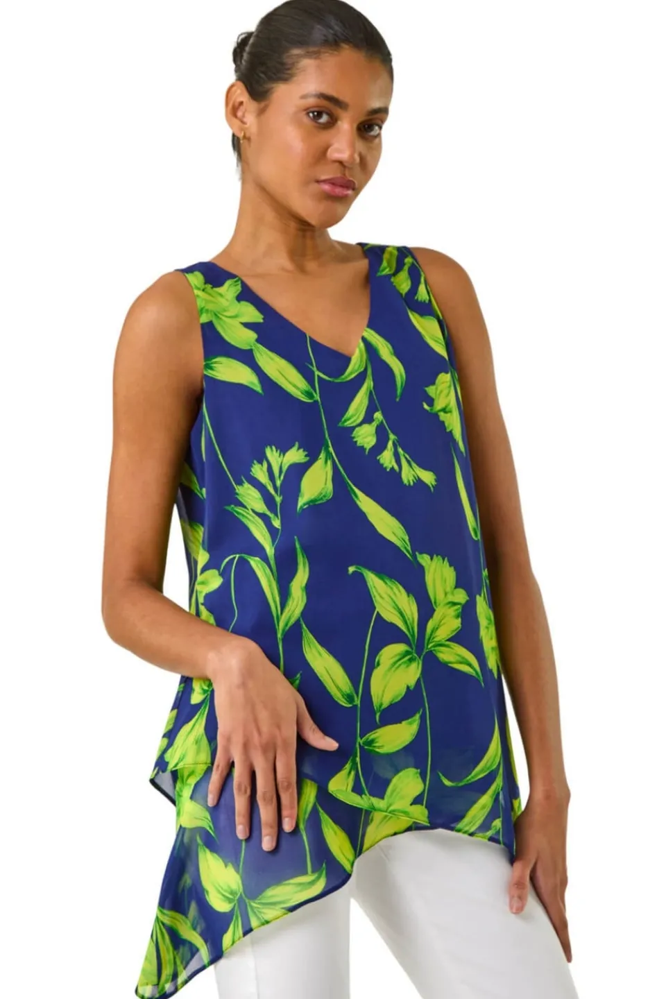 Tops>Roman Navy Floral Print Wrap Overlay Top