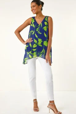Tops>Roman Navy Floral Print Wrap Overlay Top