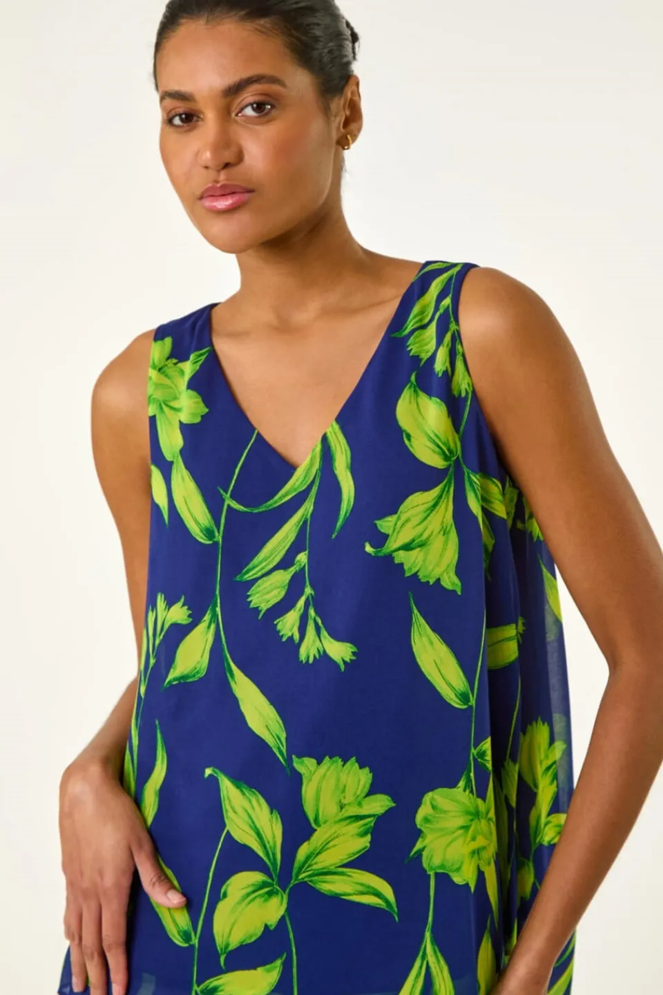 Tops>Roman Navy Floral Print Wrap Overlay Top