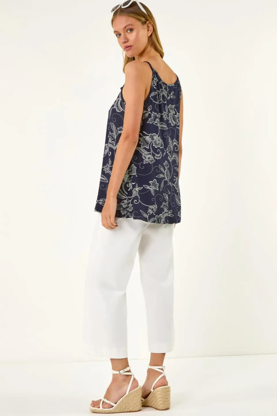 Tops>Roman Navy Geometric Lace Trim Cami Top