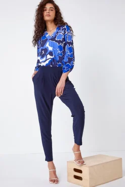 Trousers>Roman Jersey Stretch Elastic Waist Harem Trousers Navy