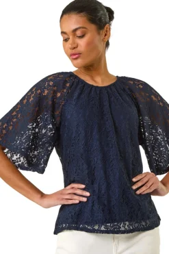 Tops>Roman Navy Lace Angel Sleeve Top