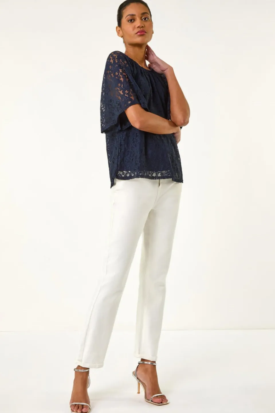 Tops>Roman Navy Lace Angel Sleeve Top