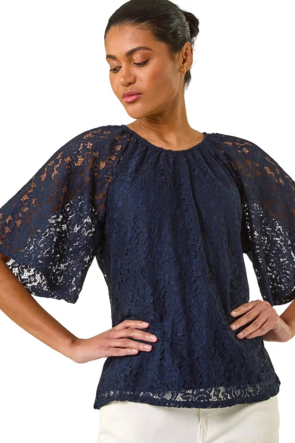 Tops>Roman Navy Lace Angel Sleeve Top