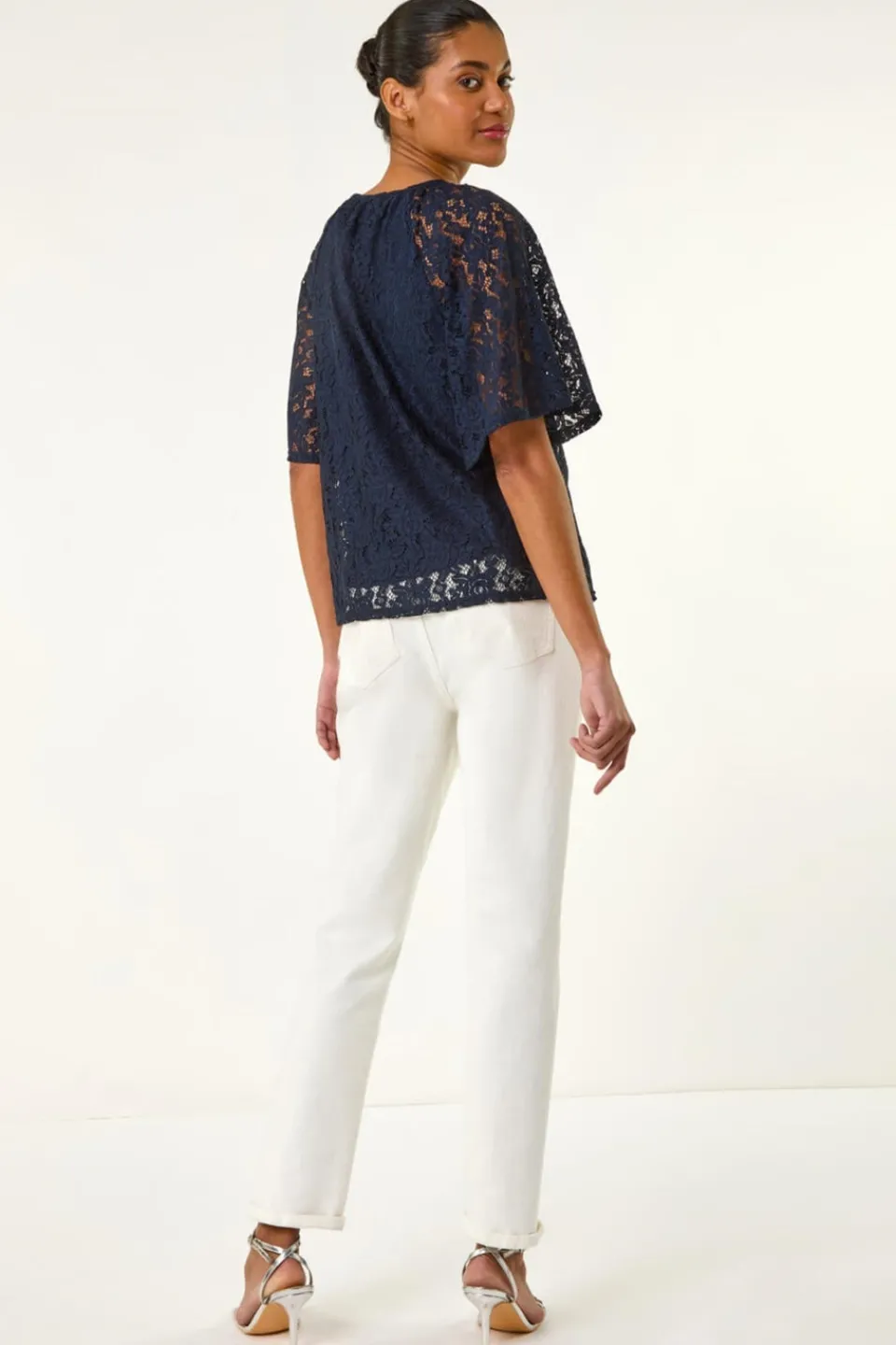 Tops>Roman Navy Lace Angel Sleeve Top
