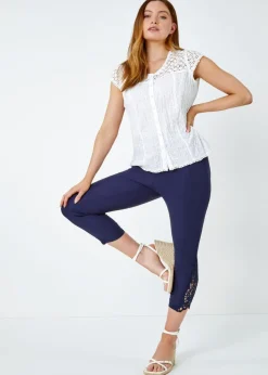 Trousers>Roman Navy Lace Insert Crop Stretch Trousers