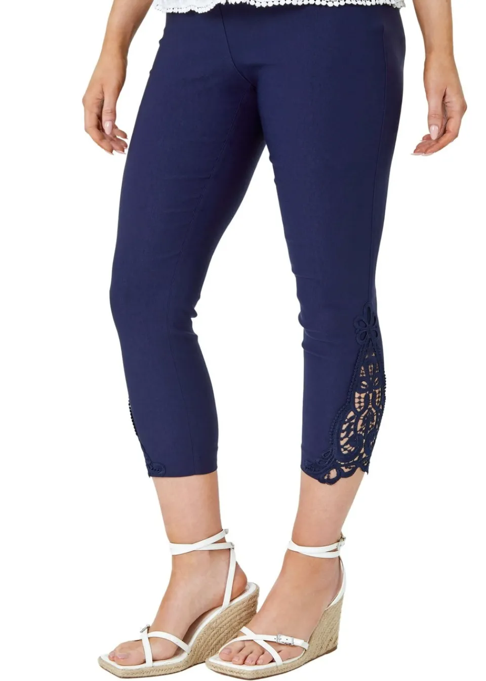 Trousers>Roman Navy Lace Insert Crop Stretch Trousers