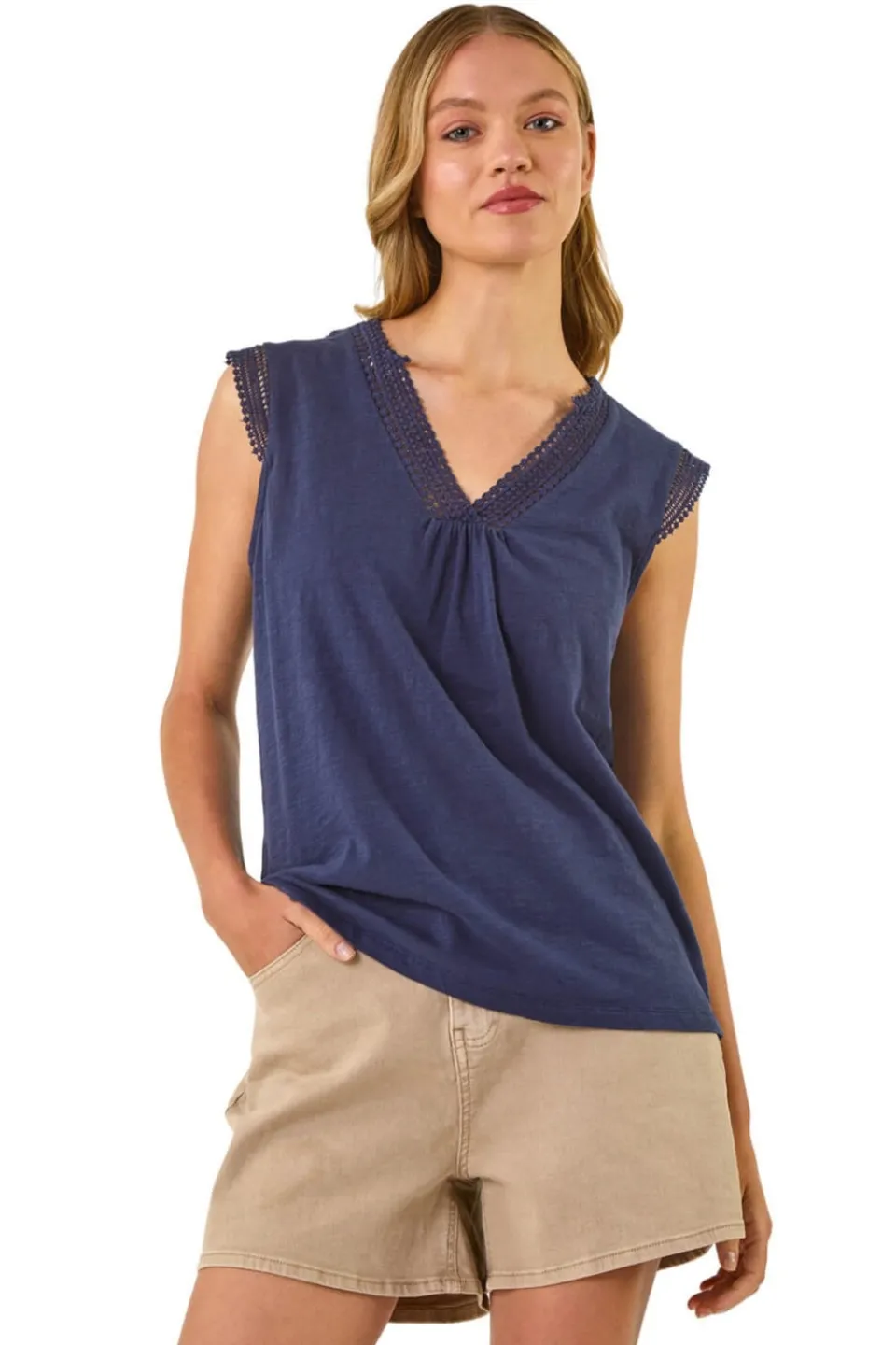 Tops>Roman Navy Lace Trim Tie V Neck Top